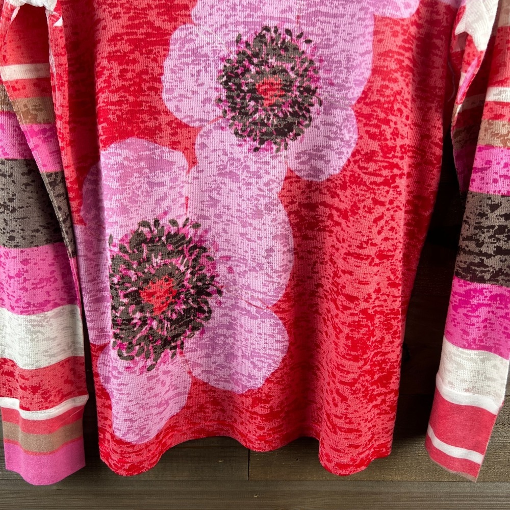 Before + Again Womens Shirt Thermal Waffle Knit Vneck Floral Striped Boho XL - Picture 3 of 7